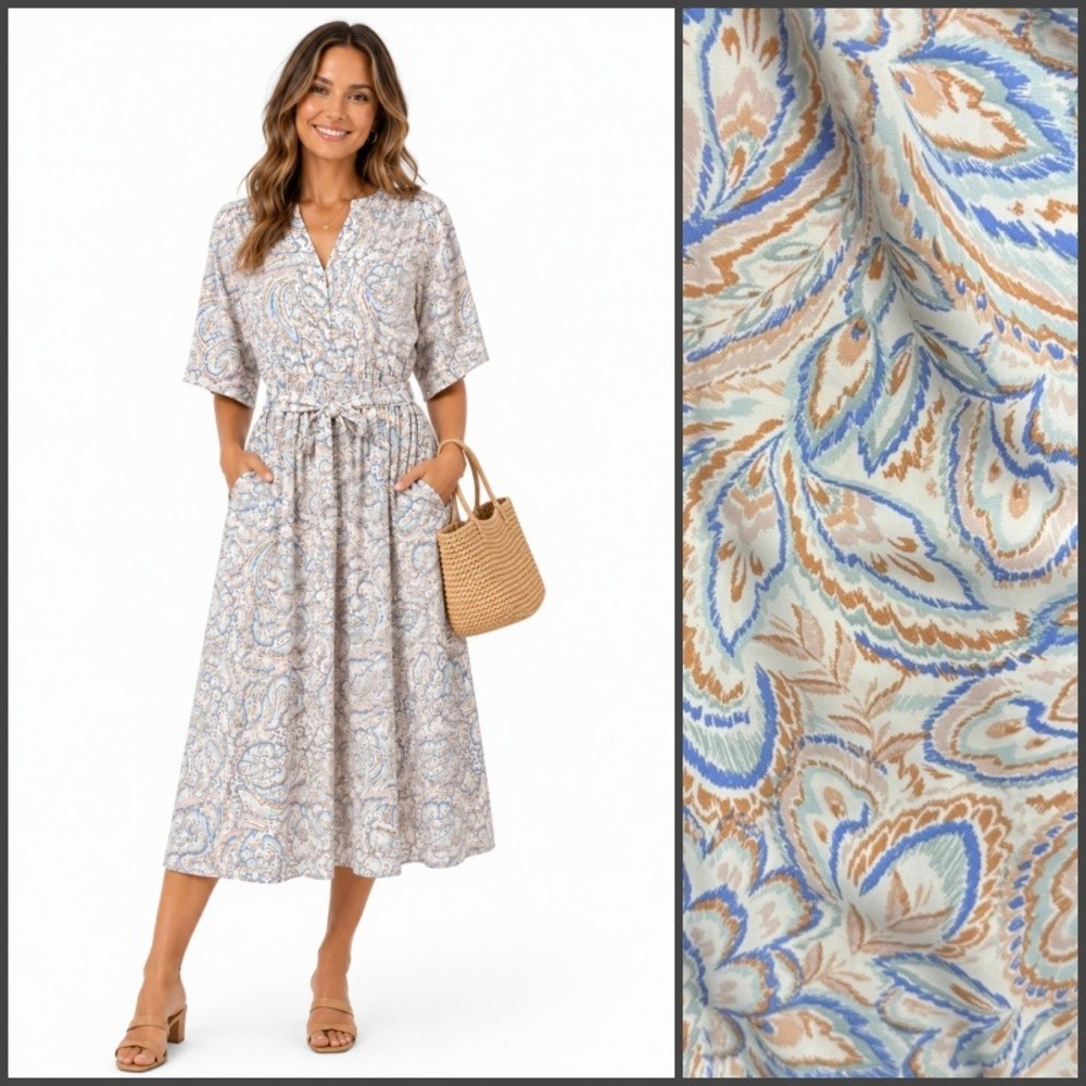 Lucky Brand Boho Paisley Midi Dress Button Up Coastal Cowgirl Office Size M NEW